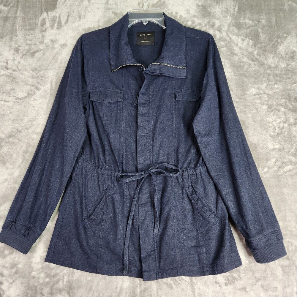 Love Tree Womens Linen Blend Utility Jacket S Blue Denim Zip Button Cargo Coat